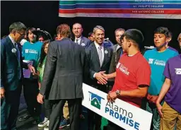  ?? Ronald Cortes / Contributo­r file photo ?? Mayor Ron Nirenberg greets then-jefferson High senior Jeremy Ruiz at a 2019 rally to launch the Alamo Promise program.