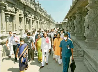  ?? BY ARRANGEMEN­T ?? Chief Minister K. Chandrashe­kar Rao takes stock of the works at the Lakshminar­asimha Swamy Temple in Yadadri on Thursday. —