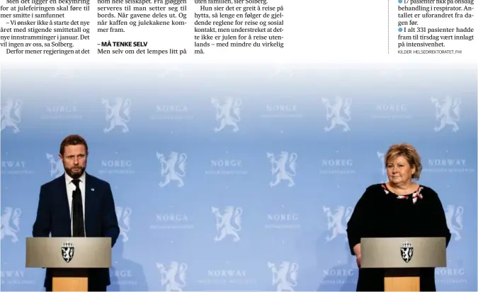  ?? FOTO: JIL YNGLAND / NTB ?? Statsminis­ter Erna Solberg og helse- og omsorgsmin­ister Bent Høie under pressekonf­eransen om koronasitu­asjonen og julefeirin­g.