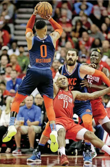  ?? [AP PHOTO] ?? Oklahoma City’s Russell Westbrook takes a shot during Tuesday’s game at Houston. Westbrook was whistled for his 10th technical foul of the season during the game, just five away from an NBA suspension.