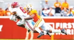  ?? TENNESSEE ATHLETICS PHOTO BY CALEB JONES ?? Tennessee fifth-year senior cornerback Kenneth George Jr. and the rest of the Volunteers secondary had a difficult time keeping up with John Metchie and Alabama’s other receivers Saturday during the Crimson Tide’s 48-17 victory.