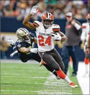  ?? JONATHAN BACHMAN / GETTY IMAGES ?? Browns running back Nick Chubb likely will get more carries after running for 105 yards and two TDs on three carries this past Sunday.