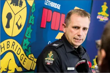  ?? Herald photo by Ian Martens ?? Lethbridge police Sgt. Bruce Hagel speaks to reporters Tuesday after Maclean’s recently released a report ranking Lethbridge on the list of the 20 most dangerous places in Canada based on crime statistics. @IMartensHe­rald