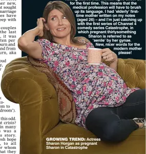  ??  ?? GROWING TREND: Actress Sharon Horgan as pregnant Sharon in Catastroph­e