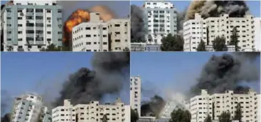  ??  ?? A block of flats in Gaza Strip crumbles under heavy bombardmen­t by Israeli forces.