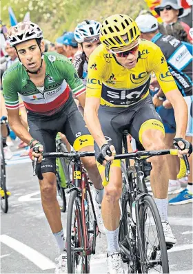  ??  ?? Behind you: Fabio Aru (left) starts to make his move on Chris Froome