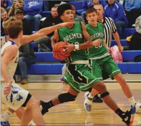  ?? PILOT PHOTO/RON HARAMIA ?? Bremen’s Tony Hardin drives to the basket during the Lions’ game with Laville earlier this season. Bremen travels to Elkhart Christian tonight.