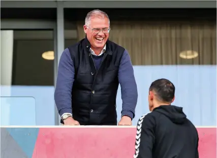  ?? Picture: Rogan Thomson/JMP ?? Richard Gould enjoys a laugh while attending Friday’s Profession­al Under-23 League play-off semi-final between Bristol City and Birmingham at Ashton Gate, which Birmingham won 2-1