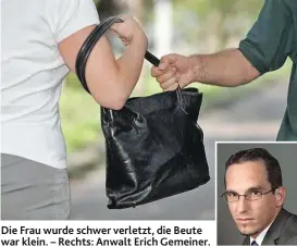  ??  ?? Die Frau wurde schwer verletzt, die Beute war klein. – Rechts: Anwalt Erich Gemeiner.