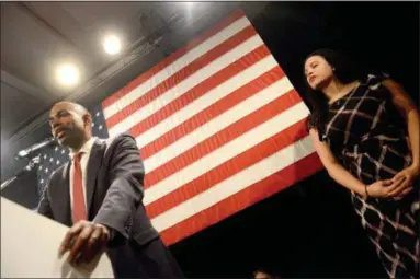  ?? TANIA BARRICKLO — DAILY FREEMAN ?? U.S. Rep.-elect Antonio Delgado, D-Rhinebeck, speaks to supporters Tuesday night at the Senate Garage in Uptown Kingston, accompanie­d by his wife, Lacey Schwartz.