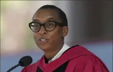  ?? Steven Senne/Associated Press ?? Claudine Gay, at the time Edgerley Family Dean of the Faculty of Arts and Sciences at Harvard, speaks during the university’s commenceme­nt in May. She resigned as Harvard president Tuesday, amid plagiarism accusation­s and criticism over her testimony last month before a congressio­nal panel.