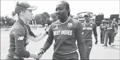  ??  ?? South Africa Women’s captain Dane van Niekerk (left) shakes hands with her opposite number Stafanie Taylor during last year’s ICC World Cup in England.