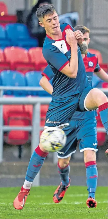  ??  ?? IN THE THICK OF IT: Ally MacDonald, right, scores for Brora Rangers against Turriff last season. The Cattachs were named Highland League champions when the 2019-20 season was declared over earlier in the year