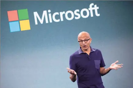  ?? Associated Press photos ?? Microsoft CEO Satya Nadella talks during a October 2019 company event in New York. Nadella said in June that the tech company would double the number of Black and African American managers, senior individual contributo­rs and senior leaders by 2025. American companies promising to hire more Black employees in leadership roles and teach their workforce about racial bias are getting a message from President Donald Trump’s administra­tion: Watch your step.