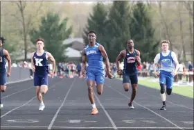  ?? TIM PHILLIS — FOR THE NEWS-HERALD ?? Gilmour’s Andre Rodgers competes at the 2019North Coast League meet at Padua.