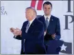  ?? ANDREW HARNIK - ASSOCIATED PRESS ?? President Donald Trump is joined on stage with Turning Point USA Founder Charlie Kirk as he finishes speaking at Turning Point USA Teen Student Action Summit at the Marriott Marquis in Washington on Tuesday.