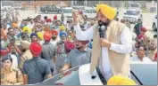  ?? ANI ?? Punjab CM Bhagwant Mann addresses the crowd during a roadshow in support of the AAP’s Sangrur LS bypoll candidate Gurmail Singh at Bhadaur in Barnala on Thursday.