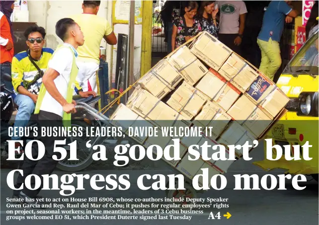  ?? SUNSTAR FOTO/ALLAN CUIZON ?? A GOOD PUSH. Labor groups who wanted a clear policy that will allow only direct hiring aren’t so impressed with Executive Order 51. But Gov. Hilario Davide III and some of Cebu’s business leaders say it’s a useful step that will help a lot of workers.