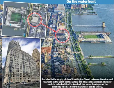  ?? ?? Detailed is the empty plot on Washington Street between Houston and Clarkson in the West Village where the new condo will rise. The new condo is to be built by Zeckendorf, the same developer of the celebrity-filled 15 Central Park West condo (inset).