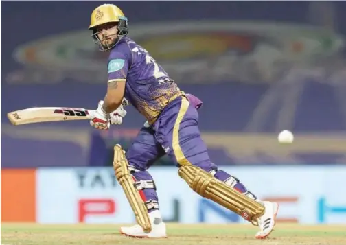  ?? Courtesy: IPL website ?? ↑
Kolkata Knight Riders’ Nitish Rana plays a shot against Mumbai Indians during their IPL match on Monday.