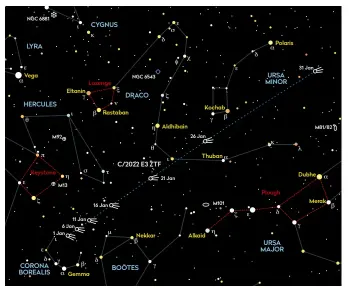  ?? ?? ▶ C/2022 E3 ZTF heads north throughout the month, brightenin­g as it goes