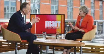  ?? - Jeff Overs/BBC/Handout via Reuters ?? MAKING A POINT: Britain’s Prime Minister, Theresa May, appears on the BBC’s Andrew Marr Show, in Birmingham, Britain September 30, 2018.