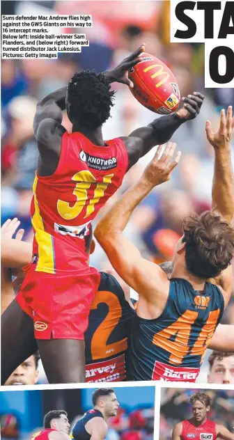  ?? Pictures: Getty Images ?? Suns defender Mac Andrew flies high against the GWS Giants on his way to 16 intercept marks.
Below left: Inside ball-winner Sam Flanders, and (below right) forward turned distributo­r Jack Lukosius.