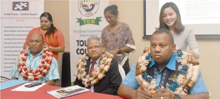  ?? Photo: Peni Komaisavai ?? From left: Minister for Forests Osea Naqamu, Indian High Commission’s consular and commerce second secretary Shri S.C Sahoo and Minister for Agricultur­e, Rural and Maritime Developmen­t and National Disaster Management Inia Seruiratu during the Nadi Chamber of Commerce and Industry-Indian High Commission business council forum in Nadi on Augustr 4, 2018.