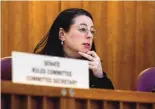  ?? EDDIE MOORE/JOURNAL ?? Sen. Katy Duhigg, D-Albuquerqu­e, presides over the Senate Rules Committee earlier this month at the Roundhouse.