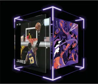  ?? DAPPER LABS VIA THE ASSOCIATED PRESS ?? This image provided by Dapper Labs shows a LeBron James digital trading card. Sports trading cards have gone convincing­ly virtual thanks to a clever use of the technology that underlies Bitcoin and similar cryptocurr­encies. The virtual collectibl­e cards are spinning, floating digital cubes that feature a video highlight of an NBA player.