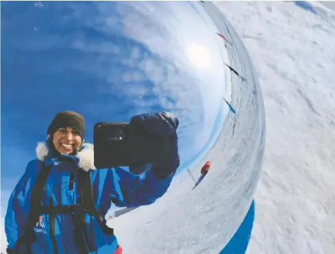  ?? PHOTOS: PREET CHANDI ?? Endurance athlete Preet Chandi takes a selfie on the Ceremonial South Pole after reaching the station after 40 days on her first polar trek.