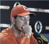  ??  ?? Clemson coach Dabo Swinney reacts at a news conference after Clemson lost to LSU in the College Football Playoff national championsh­ip game on Monday night.