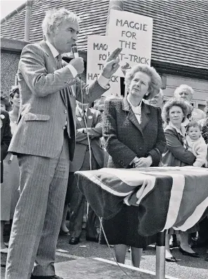  ?? ?? Greenway campaignin­g in Ealing with Margaret Thatcher in 1987: as an inner-city deputy head he establishe­d a show-jumping team which took on Eton and won