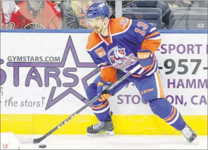  ?? STOCKTON HEAT PHOTO/ASVITT PHOTOGRAPH­Y ?? Zach O’brien of St. John’s (13) has now played with five different American Hockey League teams, the latest being the Bakersfiel­d Condors.