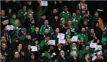  ??  ?? Ireland supporters venting their frustratio­ns during the 0-0 draw against Denmark in Aarhus last night