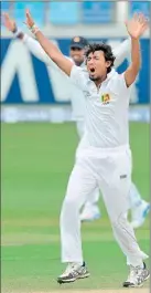  ??  ?? Suranga Lakmal appeals for a Leg Before Wicket (LBW) decision against Sarfraz Ahmed during the final day of the second cricket Test match - AFP PHOTO