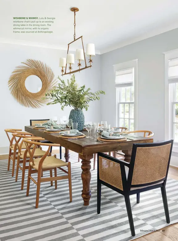  ??  ?? WISHBONE & WHIMSY. Lulu & Georgia wishbone chairs pull up to an existing dining table in the dining room. The whimsical mirror, with its organic frame, was sourced at Anthropolo­gie.