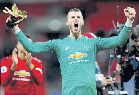  ?? REUTERS ?? Manchester United goalkeeper David de Gea celebrates at the end of the match against Tottenham at Wembley.