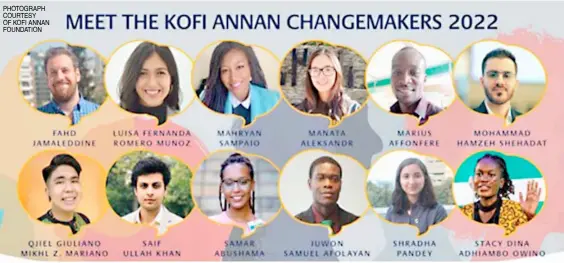  ?? PHOTOGRAPH COURTESY OF KOFI ANNAN FOUNDATION ?? THE 12 youth leaders from 11 different countries who will undergo an intergener­ational dialogue with world leaders in Geneva, Switzerlan­d in November.