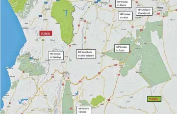  ?? FOTO: LINDAUHILF­E FÜR SYRIEN ?? Starten russische und Assad-Truppen einen Angriff auf die Provinz Idlib im Nordwesten Syriens, könnten vier der insgesamt sieben Medical Points (weiße Vierecke), die der Lindauer Adnan Wahhoud gegründet hat, in Gefahr geraten.