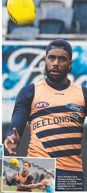  ?? Pictures: ALISON WYND ?? FULLY FOCUSED: Esava Ratugolea pushing to return from injury at training yesterday, with (inset) Patrick Dangerfiel­d and Tom Hawkins.