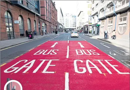  ??  ?? The bus gate on Oswald Street in Glasgow, where cameras, circled left, are still turned off