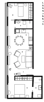  ??  ?? 1. Entrada
2. Salón 3. Cocina-comedor 4. Dormitorio principal
5. Baño 6. Dormitorio de invitados 7. Baño de invitados