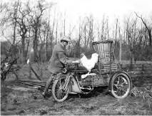  ??  ?? Dressed in the typical attire of a gentleman farmer as he shows off a fine white cockerel, this enterprisi­ng poultry breeder found that using a Phelon & Moore sidecar outfit paid its way in the saving of railway fees alone. The photo probably goes back to the 1920s.