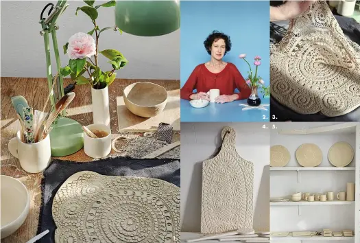  ??  ?? 1.
1. 3. Sur la table de travail de la créatrice, une plaque incrustée de dentelle attend son passage au four. Toute la beauté du geste. 2. Moana Bertrand dans sa jolie cuisine au bleu Wedgwood. 4. Une autre plaque à la forme d’une planche à découper. 5. La belle collection blanc crème de Moana est faite pour le quotidien, des assiettes aux petits vases en passant par les tasses. Cet univers, aux teintes scandinave­s, accueille aujourd’hui des créations aux couleurs de jais.