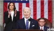  ?? SHAWN THEW / POOL VIA AP ?? President Joe Biden speak in front of Vice President Kamala Harris (left) and House Speaker Mike Johnson, R-LA.