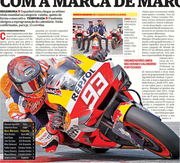  ??  ?? MAIS TÍTULOS MUNDIAIS
Giacomo Agostini Itália 8 Valentino Rossi Itália 6 Marc Márquez Espanha 6 Mick Doohan Austrália 5 Goef Duke Grã-Bretanha 4 John Surtees Grã-Bretanha 4 Mike Hailwood Grã-Bretanha 4 Eddie Lawson Estados Unidos 4 Kenny Roberts Estados Unidos 3 Wayne Rainey Estados Unidos 3 Jorge Lorenzo Espanha 3