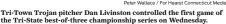  ?? Peter Wallace / For Hearst Connecticu­t Media ?? Tri-Town Trojan pitcher Dan Livinston controlled the first game of the Tri-State best-of-three championsh­ip series on Wednesday.