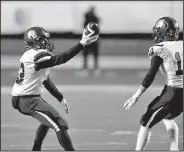  ?? NWA Democrat-Gazette/ANDY SHUPE ?? Joey Savin of Fayettevil­le celebrates after his intercepti­on against Har-Ber during Saturday’s Class 7A state championsh­ip game.