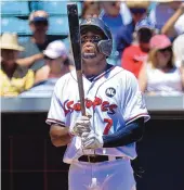  ?? JIM THOMPSON/JOURNAL FILE PHOTO ?? The Albuquerqu­e Isotopes’ Wynton Bernard looks to his bat as he steps up to the plate during a 2021 game. Bernard has hit five home runs in his past seven games.